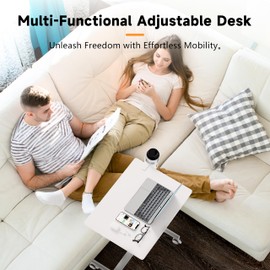 RoleDec Adjustable Standing Desk, Small Portable Desk with Lockable Wheels, Cup Holder for Rolling Cart, Sit to Stand Table - Computer Workstations for Home Office(Pearl White)