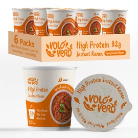 VOLO VERO High Protein Instant Ramen Noodles Soup Cup, Spicy Kimchi Flavor, 6-Pack | 32g Plant-Based Protein | Vegan, Non-Fried, Non-GMO, Low Fat | Egg & Dairy Free, Quick Healthy Meal