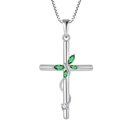 PYNZY Cross Necklace for Women, 925 Sterling Silver Butterfly Cross Necklaces Created Emerald Birthstone Pendants Christian Crucifix Baptism Jewelry
