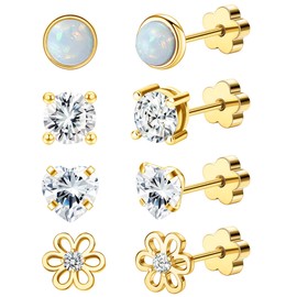4Pairs Hypoallergenic Screw Back Earrings for Women 14k Gold Surgical Steel Flat Back Earrings Opal CZ Flower Heart Cartilage Earring for Sensitive Skin 20G Handmade Nap Earrings Studs Gold White CZ