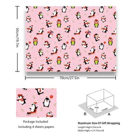 Christmas Wrapping Paper, Pink Christmas Penguin Wrapping Paper, 4 Folded Sheets 50 x 70 cm, Penguin Christmas Paper for New Year, Christmas, Winter Holidays