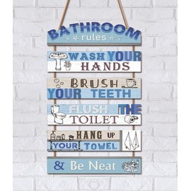 KAIRNE Bathroom Decorations,Blue Bathroom Rules Wooden Sign for Toilet,Wash Your Hands Brush Your Teeth Rustic Hanging Wood Plauqe