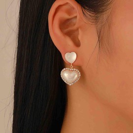 Aneneiceera Boho Pearl Heart Earrings Crystal Heart Earrings Heart Stud Earrings Gold Moonstone Earrings Puffy Heart Earrings Jewellery for Women and Girls, Zinc, No Gemstone