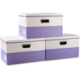 PRANDOM Large Foldable Storage Bins with Lids [3-Pack] linen Fabric Decorative Storage Boxes Organizer Containers Baskets Cube with Handles Divider for Bedroom Closet Purple&Cream(17.7x11.8x11.8)