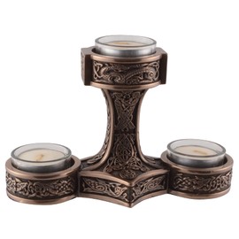 Veronese Germanic Tea Light Holder Mjolnir Thor's Hammer Bronzed 3 Tea Lights