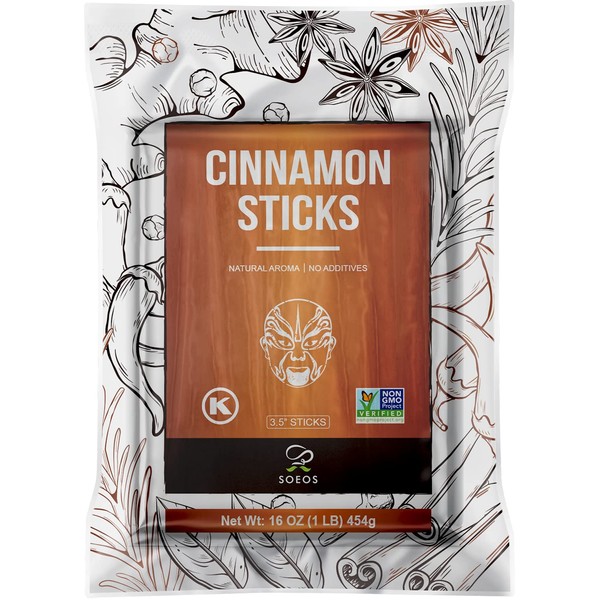 Soeos Cinnamon Sticks, 16 oz (Pack of 1), Cinnamon, Ground Cinnamon, Cinnamon Sticks, 100% Raw, Non-GMO, Kosher Certified, Cinnamon Seasoning Spice for Coffee, Baking, Cooking and Beverages