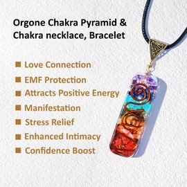 Seven Chakra Orgonite Pyramid Set with Bracelet and Necklace - Energy Healing Kit with Copper Ring Symbol