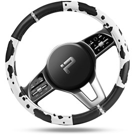 Road Comforts Cow Pattern Steering Wheel Cover - Made with PVC Leather - Anti-Slip, Universal Fit 14 1/2 inches to 15 inches