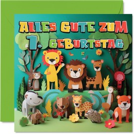 Stuff4 1st Birthday Card Boy Girl - Jungle Animals - Birthday Cards Children 1 Year Boys Son Daughter Nephew Niece Grandson Granddaughter 145mm One First Birthday Greeting Cards