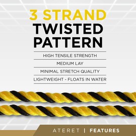 ATERET Twisted 3-Strand Yellow & Black Polypropylene Rope Monofilament I 3/8" x 600 Feet I 2,430 lbs. Tensile Strength I Lightweight & Heavy-Duty Synthetic Cord for DIY Projects, Marine, Commercial
