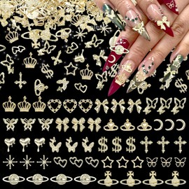 180 Pcs Metal Gold Butterfly Bows Nail Charms, 3D Alloy Cross Planet Heart Nail Charms, Golden Moon Star Nail Charms Gems for Acrylic Nails, Alloy Nail Art Charms for Nails DIY Crafts Accessories