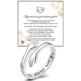 DIOWUS Granddaughter Hug Ring For Hope Rings, Stainless Steel Motivation Hugging Hands Open Engraved Always With You Message Adjustable Non Tarnish Jewelry Gift (Always)