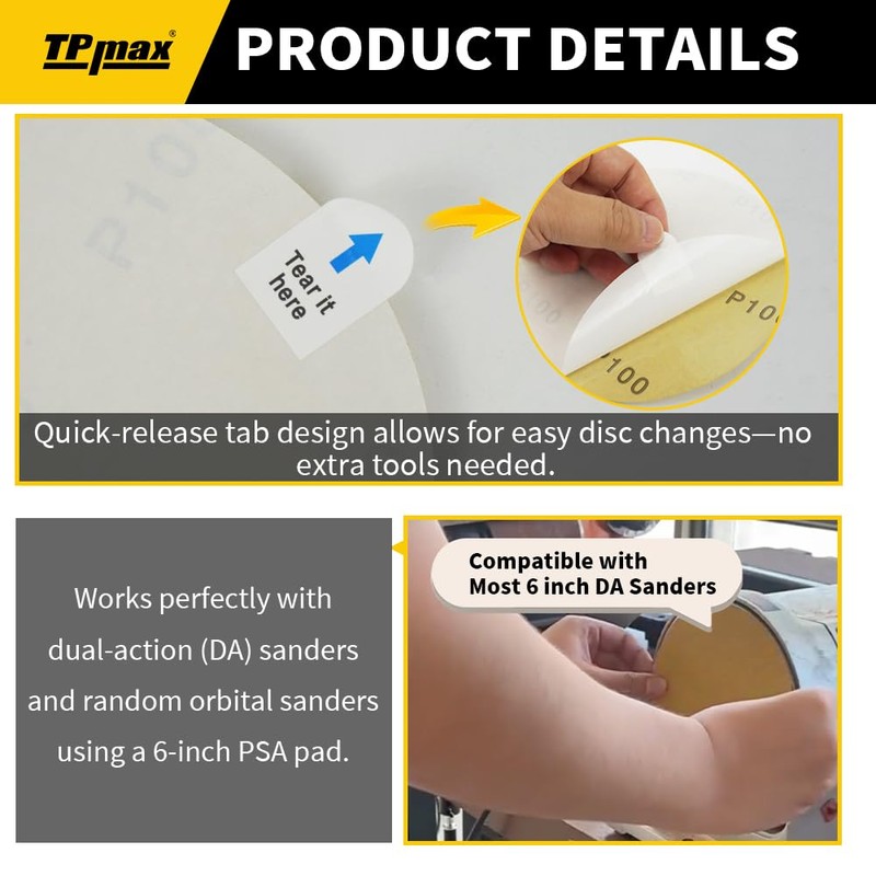 TPmax 6-Inch 220-Grit Gold PSA Sanding Discs, 50 Pack –