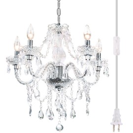 PAPAYA Plug-in 5 Light Crystal Hanging Pendant Lights Acrylic Chandelier with Clear Cord & On/Off Switch H19 D19.7 for Kitchen Island Girls' Room Dining Area Laundry Pavilion.