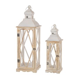 glitzhome Farmhouse White Wood Metal Lanterns Decorative Hanging Candle Lanterns Set of 2