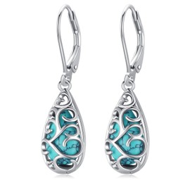 BDL Filigree Genuine Turquoise Teardrop Leverback Earrings Sterling Silver Dangle Drop Jewelry for Women