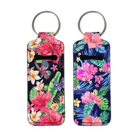 Gearider 2pcs Hawaiian Hibiscus Floral Leaf Portable Lipstick Holder Keychain, Cute Lip Balm Sleeve for Women