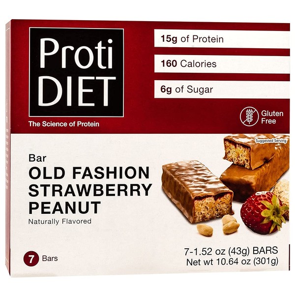 ProtiDiet Protein Bar - Old Fashioned Strawberry & Peanuts (7/Box) - High Protein 15g - Low Calorie - Low fat
