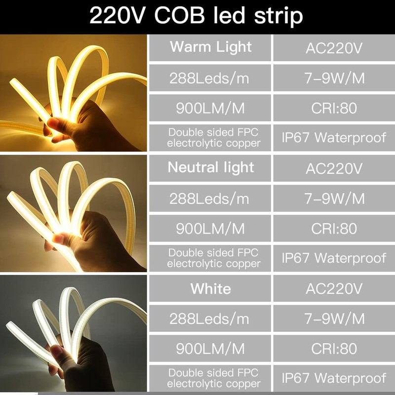 Xunata COB LED Strip, 220 V 288 leds/m Super Bright
