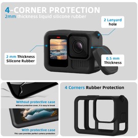 Vasgather Silicone Sleeve Rubber Protective Case Compatible with Gopro Hero 13 Black Screen Protectors(6pcs),Lens Caps(2pcs),Battery Side Cover,Lanyard for Gopro Hero 13 Accessories Kit Black(11 in 1)