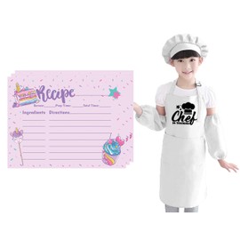 Sister Novelties Kids Kitchen Apron Set with Unicorn Rainbow Recipe Cards Set, Kids Aprons for Girls and Boys, Aprons for Kids, Kids Chef Hat and Apron, Play Kitchen, Kids Baking Set (White)