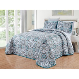 GrandLinen 3-Piece Fine Printed Oversize (100" X 95") Quilt Set Reversible Bedspread Coverlet Queen Size Bed Cover (Grey, Teal Blue, Medallion)