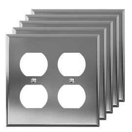 ELEGRP Duplex Receptacle Stainless Steel Outlet Covers, 2-Gang Metal Wall Plates, Standard Size Wall Outlet Cover, Dual Outlet Faceplates Covers, ETL Listed, Color-matched Screws Included, 5 Pack