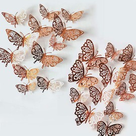 Pack of 24 Butterfly Wall Stickers, CattleyaHQ Mixed 3D Butterflies Wall Stickers, Vivid Flash Wall Stickers for Home, Bedroom, Baby Room Decoration (Rose Gold)