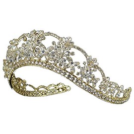 Enchanted Brides' Handcrafted Wedding Tiara of Austrian Crystal Beads & Rhinestone Flowers and Arches, Accented with Baguette Rhinestones (#8F2D0) (Gold)