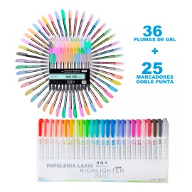 Papelería LAXIA Kit 36 Plumas De Gel +25 Marcadores Tipo Mildliner Papelería