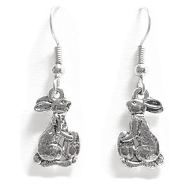 Rabbit - Bunny with Easter Egg - 17.5x10.5mm - Silver alloy charms. Hypoallergenic surgical steel fish hook earrings with Silicone Stoppers. Silver Plated Posts Opt.