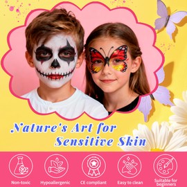 Mekkyes Truccabimbi Kit - 16 Colori Trucco Viso Bambini con 4 Colori Grandi, 52 Stencil e 1 Adesivo con Strass, Truccabimbi set Anallergici Atossici Body Painting per Halloween Carnevale Cosplay