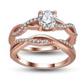 Queena CZ Wedding Ring Set for Women Rose Gold Sterling Silver Engagement Ring and Band Set Fake Engagement Wedding Band for Women, Travel Bridal Sets, Cubic Zirconia Promise for Her Size 13