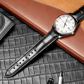 MUENShop Extended Genuine Leather Bracelet XXL Quick Release 18 mm - 22 mm with Folding Clasp Butterfly Buckle, black, Classic