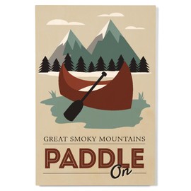 Lantern Press 12x18 Inch Premium Wood Sign, Ready to Hang Wall Decor, Great Smoky Mountains, Paddle On, Canoe Scene,