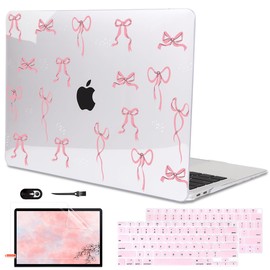 LCMOCICO Compatible with 2022 2021-2018 MacBook Air 13 inch Case M1 A2337 A2179 A1932 with Touch ID, Crystal Clear Pattern Plastic Hard Shell Case for MacBook Air 13 inch M1 2021, Pink Bowknot
