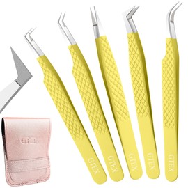 GTEX Pinzas para Extensiones de Pestañas con Punta de Fibra (Juego de 5 Unidades), Profesionales, Curvadas de 90 A 45 Grados, Color Amarillo          