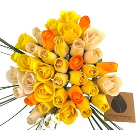 The Original Wooden Rose Deluxe Yellow Sunshine Themed Bouquet. Featuring Closed and Half Open Bud Roses (3 Dozen)