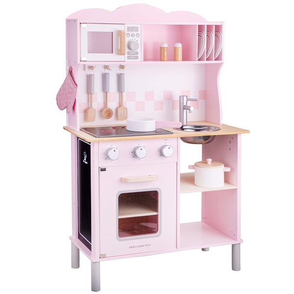 New Classic Toys Wooden Pretend Toy Kitchen for Kids Role Play Included Accessoires Pink Colored - Makes Sound