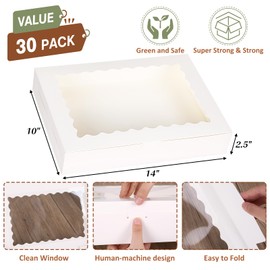 TOMNK 30pcs Cookie Boxes, 14x10x2.5 Inch Large Dessert Bakery Boxes with Window White Treat Boxes for Pies Chocolate Strawberries Muffins Donuts Pastry Dessert and Party Favor