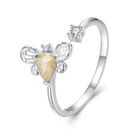 Qings Four Leaf Clover Bee Ring for Women, 925 Sterling Silver, Butterfly, Dragonfly, Flower, Adjustable Open Rings, Animals, Birthday Jewellery, Gifts for Women, Sterling Silver, Cubic Zirconia