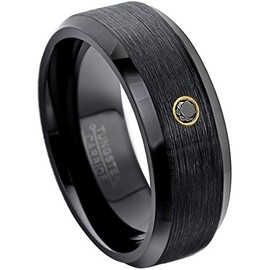Jewelry Avalanche 8MM Brushed Black IP Beveled Edge Tungsten Carbide Wedding Band - 0.07ct Black Diamond Tungsten Ring -8