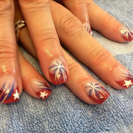 Independence Day Fireworks Press on Nails Short square Fake Nails Red Glitter French tips False Nails 4th of July Glue on Nails Glossy Artificial Patriotic Stars for Women Nails Decoration 24Pcs