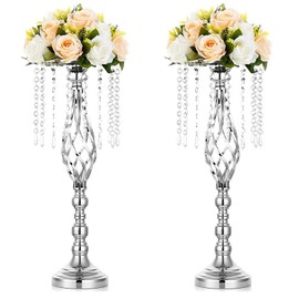 Sziqiqi Silver Metal Flower Stand with Crystal Beads for Wedding Table - 21.7in Floor Vase Stands for Road Leads Tall Tabletop Centerpiece for Party Birthday New Opening