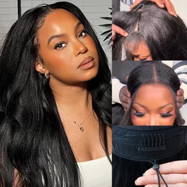 Pobokix 220% Density V Part Wigs Human Hair with Drawstring Yaki Straight Upgrade U Part Human Hair Wigs for Women Glueless Clip in Half Wigs Human Hair Magic Leave out 280g 24inch #1B Natural Black