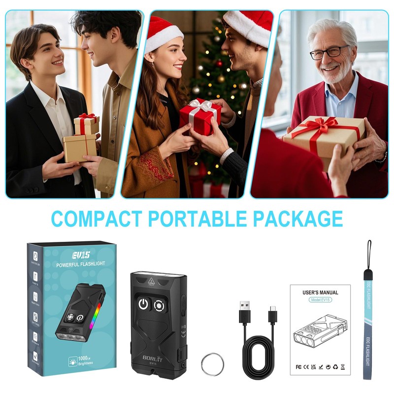 BORUIT EV15 LED Small Powerful EDC Flashlight,1000 Lumen USB-C Rechargeable