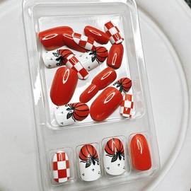 Thanksgiving Pumpkins Press on Nails Short Square Fake Nails Pumpkin Stick on Nails Brown Lattice Designs Acrylic Nails Fall False Nails Oval Artificial Nails for Women Girls DIY Nail Supplies 24Pcs