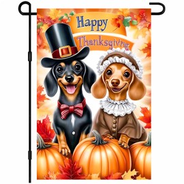 BlissYard Fall Thanksgiving Garden Flag 12x18 Inch Vintage Dachshund Dog Outdoor Flag Double Sided Autumn Puppy Yard Banner with Pilgrim Costumes Pumpkins and Maple Leaves for Porch Lawn Patio
