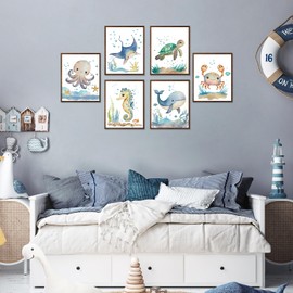 Dazzlewall 6Pcs Ocean Themed Nursery Wall Decor Watercolor Sea Animal Canvas Wall Art for Kids Boys Girls Nursery Bathroom Bedroom 8x10in Unframed