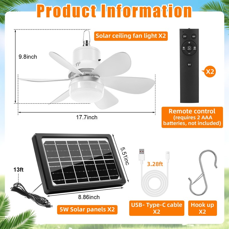 Grinsvalley 2 Set Solar Powered Ceiling Fan with Light, 17.7